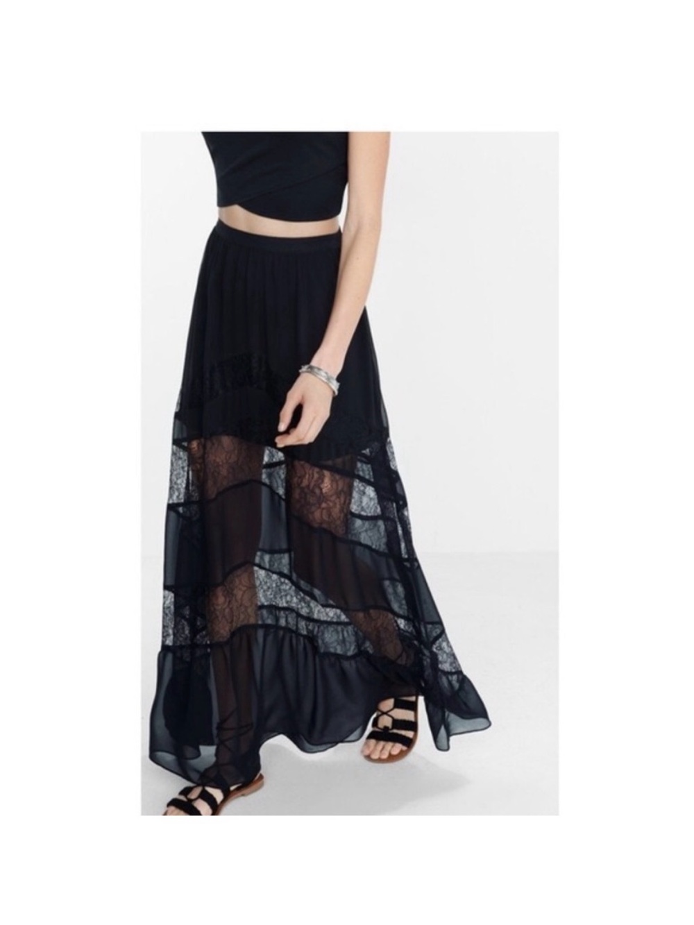Express Black Lace Insert Sheer Maxi Skirt - Picture 2 of 8